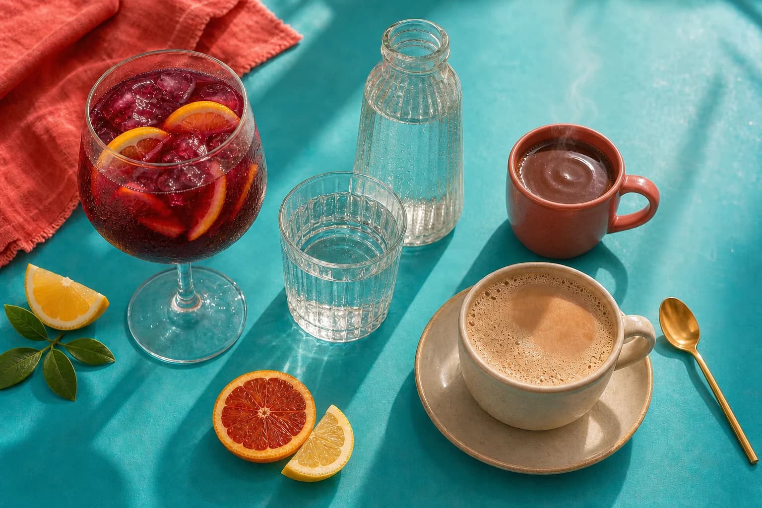 Sangría, agua, chocolate caliente y café con leche sobre un tocador turquesa